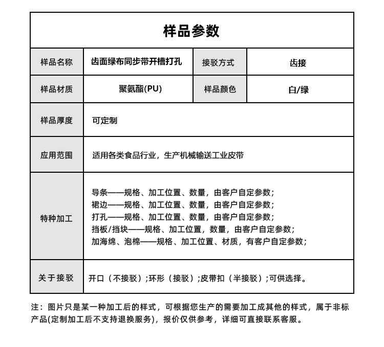 PU同步帶加開槽打孔綠布
